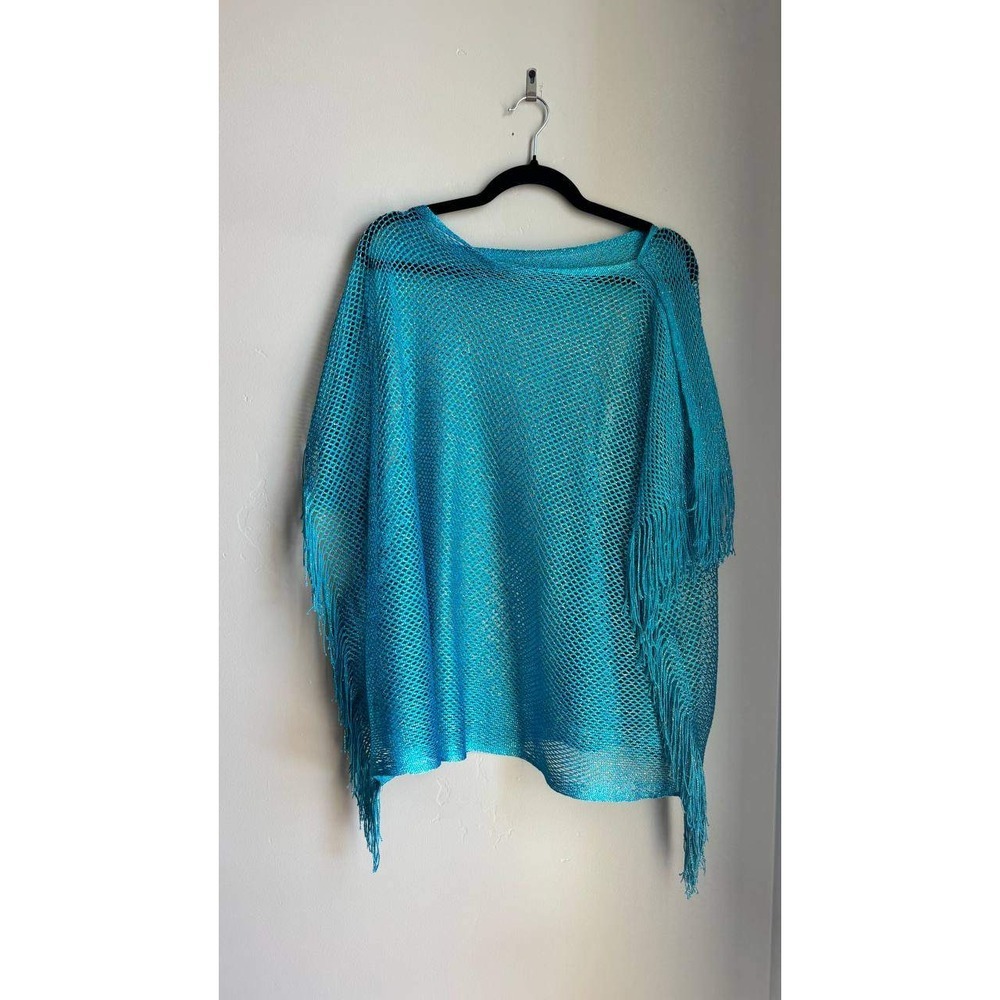 J Francis Metallic Fishnet Mesh Fringe Poncho Top Beach Coverup Y2K Resortwear